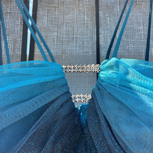 Blue and Turquoise Sparkly above the knee Cocktail Dress with Diamond Front - Picture 3 of 5